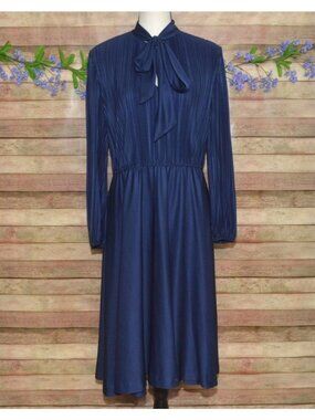 VTG Liz Roberts Midi Dress Size 11/12 Navy Blue Pleated Neck Tie Secretary Event